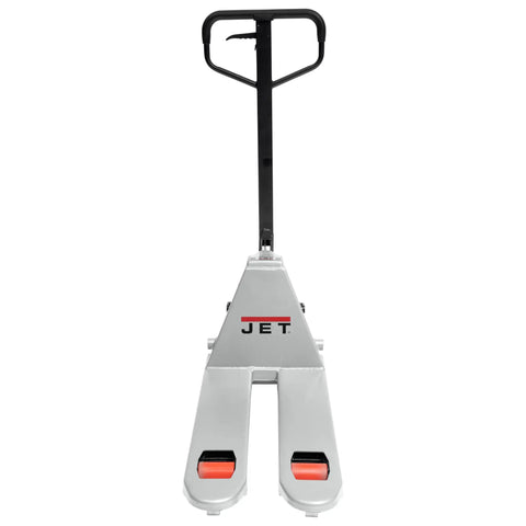 Pallet Jack 16 Inch By 36 Inch Low Profile Load Lift With 5500 Lb Capacity, front view with hand and foot control handle