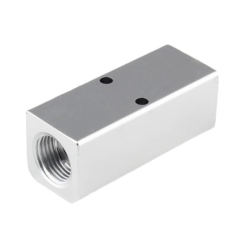 Heavy duty aluminum two way pneumatic manifold air distribution block with two inlets, two outlets, 5mm quick connects for compressors.