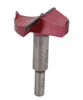 Front view of Aexit 53mm hinge-boring drill bit with a 10mm shank and red cutter head for wood cabinet hinges