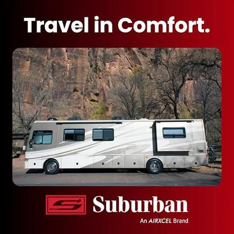 Side view of a white RV motorhome with Suburban brand logo and Travel in Comfort banner on a red background.