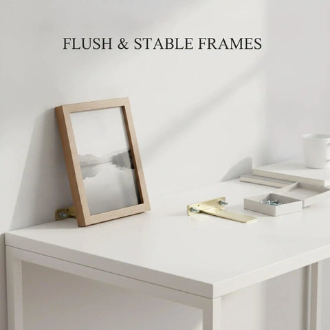 Sturdy Gold L Shaped Shelf Bracket Aluminum Mount For Wall And Desk Photo Frame Display low profile support shown on a desk