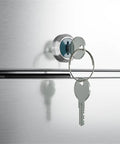 Straight Up Heavy Duty Commercial Two Door Refrigerator 35 Cubic Feet Stainless Steel locking key detail on door.