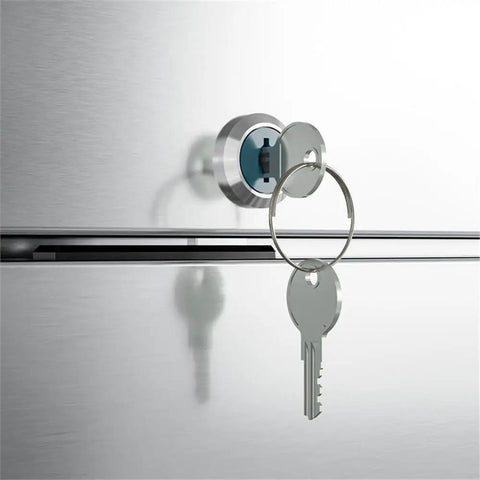 Straight Up Heavy Duty Commercial Two Door Refrigerator 35 Cubic Feet Stainless Steel locking key detail on door.