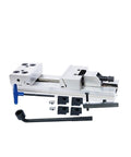 Premium CNC Milling Vise Delivering Rock Hard Clamping Power And Exact Vertical Parallel Alignment Heavy Duty Modular Steel Clamp in gray color with accessories.