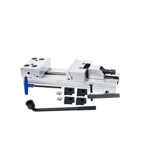 Premium CNC Milling Vise Delivering Rock Hard Clamping Power And Exact Vertical Parallel Alignment Heavy Duty Modular Steel Clamp in gray color with accessories.