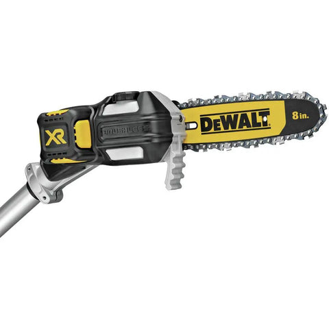 Close-up of Powerful 20V Max XR Pole Saw With Fifteen Foot Reach For Tree Trimming showing 8-inch bar and brushless motor.