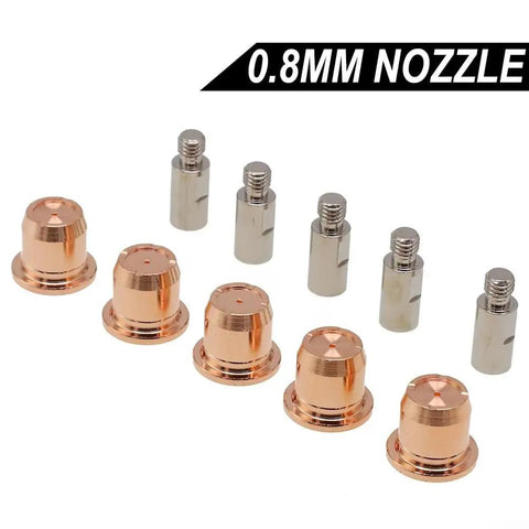 Plasma Cutter Consumables Kit for S45 Ergocut Torches, 10 Pack, Pro Grade, showing 0.8mm copper nozzles and electrodes.