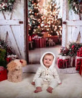Slick White Barn Door Photography Backdrop For Studio Sessions And Indoor Portraits Seamless Microfiber Photo Background Wall Cover With Light Blocking Build And Zero Sweat Setup For Clean Shots incorporating holiday decor.
