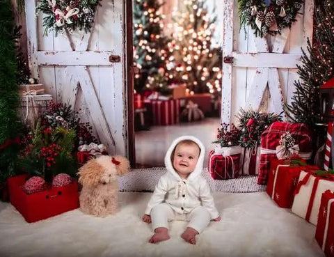 Slick White Barn Door Photography Backdrop For Studio Sessions And Indoor Portraits Seamless Microfiber Photo Background Wall Cover With Light Blocking Build And Zero Sweat Setup For Clean Shots incorporating holiday decor.