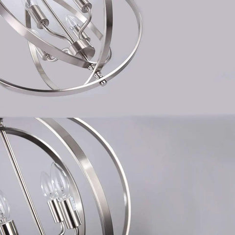 Close-up of Dope Modern 4 Light Globe Chandelier In Brushed Nickel, Adjustable Height With 59in Wire And Chain, showing metal frame and bulbs
