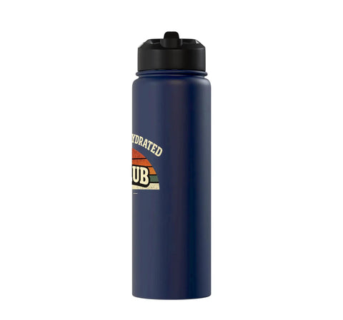Aggressively Hydrated Run Club Stainless Steel Insulated Water Bottle With Retro Rainbow Graphic, navy blue with black lid.