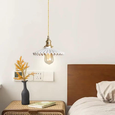 White Ceramic Pendant Light With On Off Switch Pleated Chandelier Design E26 Socket Perfect For Kitchen Island Dining Room And Hallway 7.87 Inch Diameter