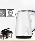 Heavy Duty 304 Stainless Steel Electric Kettle 1.7 Liter 1830 Watt next to a piano in a stylish kitchen setting.