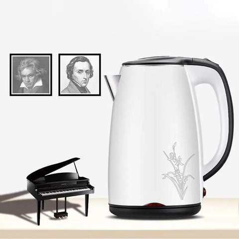 Heavy Duty 304 Stainless Steel Electric Kettle 1.7 Liter 1830 Watt next to a piano in a stylish kitchen setting.
