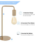 Industrial Edison Table Lamp Set of 2 in Gold Metal Finish with exposed bulb and gold stand, features push button and non-slip base