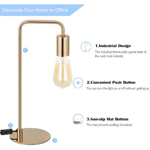 Industrial Edison Table Lamp Set of 2 in Gold Metal Finish with exposed bulb and gold stand, features push button and non-slip base