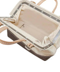 Heavy Duty Natural Canvas Tool Bag With Wide Hinged Opening Leather Handles Riveted Steel Frame Mouth Secure Buckle Straps Moisture Resistant Vinyl Bottom 14 Inch Multi Purpose Tote For Pros And DIYers