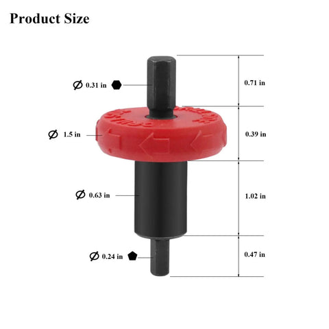 Dimensions of Red Jump Start Drill Bit Adapter For Electric Engine Ignition Bypass, CRV Core, shown from side view with size labels