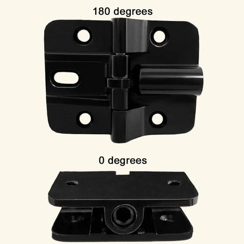 Space Saving Zinc Alloy Folding Hinge Kit With Locking 90 Degree Design For Bifold Doors Four Pack Built Tough For Folding Tables Pet Gates Small Fence Gates And Mechanical Equipment showcasing hinge at 180 and 0 degrees.