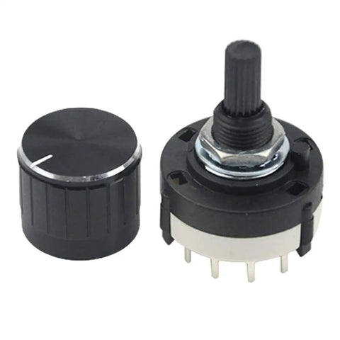 Three Pack RS26 4P12T 4 Pole 12 Position Rotary Switches with knobs, durable metal and plastic, close-up view for electronics control