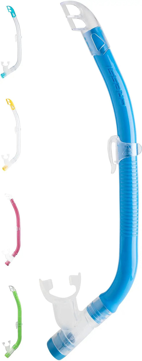 Cool Kid Friendly Snorkel Top With Transparent Flexible Tube And Quick Release Keeper, Adjustable Height, Semi Dry Top, Blue Finish