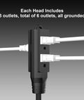 Black twin 12 foot flat plug extension cord, 6 outlets per side, wall hugger design, grounded indoor extension cord in use