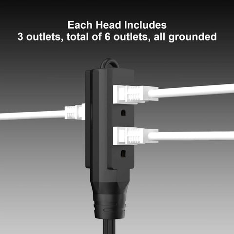 Black twin 12 foot flat plug extension cord, 6 outlets per side, wall hugger design, grounded indoor extension cord in use