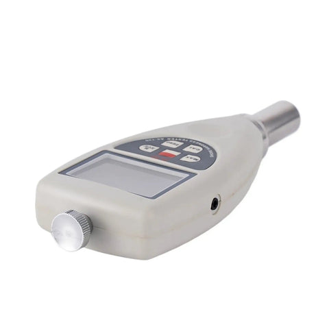 Straight Up Digital Shore Hardness Tester For Rubber And Plastic Using A D E Scale Types To Drop Crisp Testing Numbers Fast Inside A Slick Zero Hassle Handheld Meter at an angle showing buttons and display.