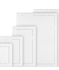 Different sizes of 4 X 4 Inch Slick White Abs Plastic Access Panel For Drywall Walls Utility Service Hatch Door stacked.