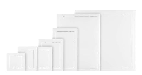 Different sizes of 4 X 4 Inch Slick White Abs Plastic Access Panel For Drywall Walls Utility Service Hatch Door stacked.