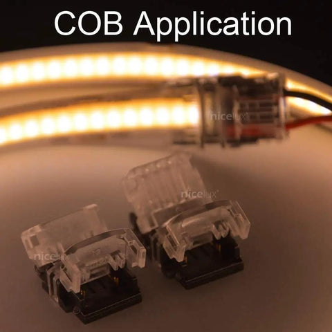 COB application of High Density LED Strip Connector Kit For 12mm 2 Pin SMD And COB Light Strips, showing connectors and lit strip.