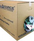 Reclaimed Poly Cotton T Shirt Rags Assorted Colors Low Lint For Automotive Shop Grade Cleanup Heavy Duty 50 Pound Pack With 4 To 6 Pieces Per Pound Box Great For Mechanics And Workshops. Box with assorted color rags.
