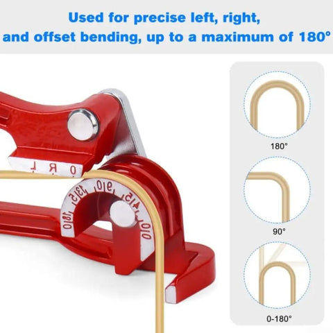 Heavy Duty Manual Tube Bender For Copper Aluminum Steel Brass Pipes showing 180 degree bending feature and clear scale markings.