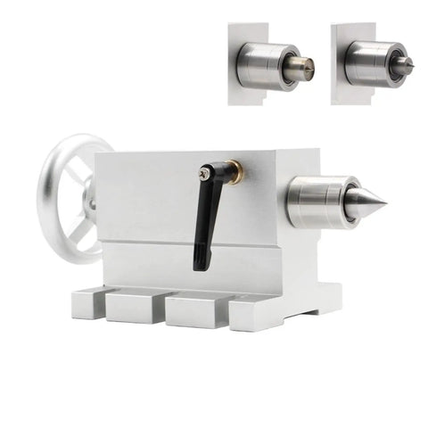 Killer CNC Engraving Tailstock Base System Featuring Three Swappable Heads, model TS-03, silver aluminum, designed for rotary 4th axis setup.