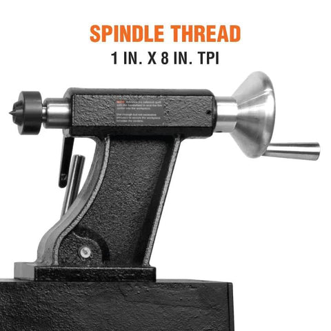 WEN LA3424 benchtop wood lathe, side view, black metal frame