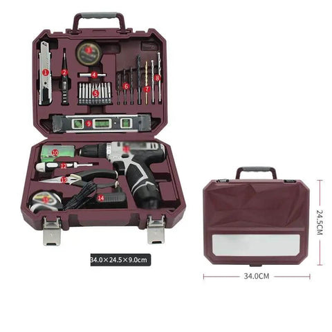 Top Shelf 12V Lithium Cordless Drill Power Tool Set With 58 Pcs Heavy Duty Carbon Steel Bits and accessories in storage case.