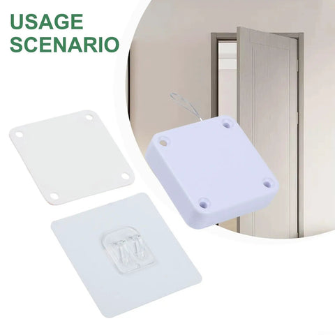 Automatic Door Closer With Adhesive Mount 1200g Tension Retractable Device components next to an open interior door