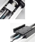 Close-up of Beefy Ball Screw Actuator Workbench With Fully Enclosed Linear Rail Guide for CNC Slide Table, showing ball screw and slider