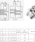 Diagram and image of 2 Pack Stainless Steel Hidden Door Hinges 180 Degree Concealed Folding Cross Hinges For Gates Doors Cabinets And Home Hardware Built To Last For Homes Hotels Clubs Offices And Other Light Commercial Projects with size chart