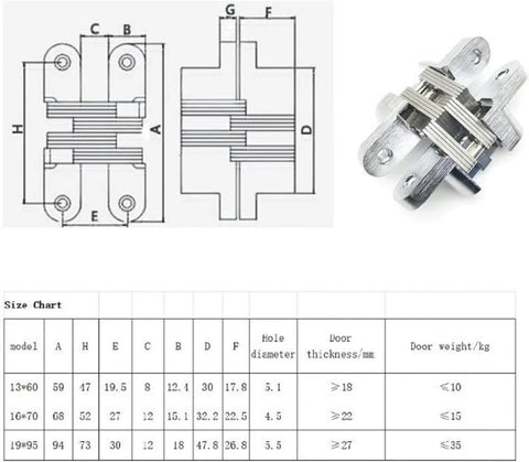 Diagram and image of 2 Pack Stainless Steel Hidden Door Hinges 180 Degree Concealed Folding Cross Hinges For Gates Doors Cabinets And Home Hardware Built To Last For Homes Hotels Clubs Offices And Other Light Commercial Projects with size chart