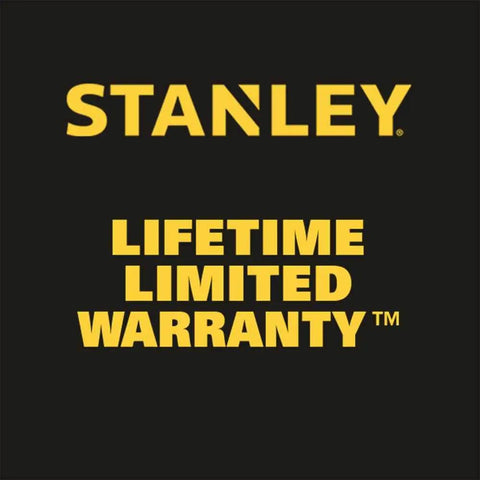 Stanley logo with lifetime limited warranty text in yellow on black background