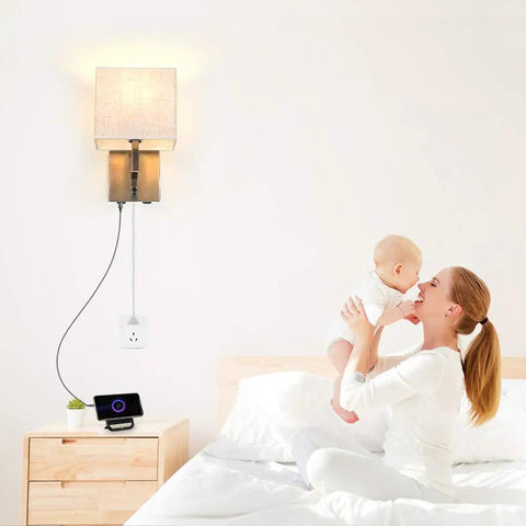 Bedside Wall Mount Lamp With Dimmer Switch And Dual USB Ports, Linen Fabric Shade Wall Sconce in bedroom with mother and child