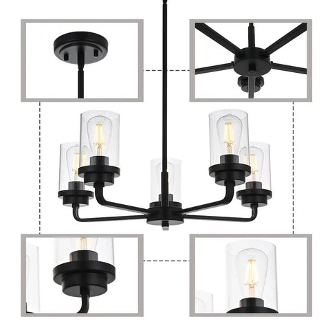 Dope Five Light Black Pendant Chandelier With Clear Glass Cylinder Shades And Gooseneck Arms For Dining Room Entryway