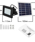 JUDYSSY Outdoor Solar Flood Lights with solar panel, installation screws, and instructions for garden and garage use.