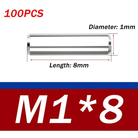 Set Of 100 Premium 304 Stainless Steel Dowel Pins, Precision Ground For Tight Fit, Solid Metal Dowel Pins For CNC Machining, Machinery, Fixtures And Mold Fastening, 1x8, showing size and quantity