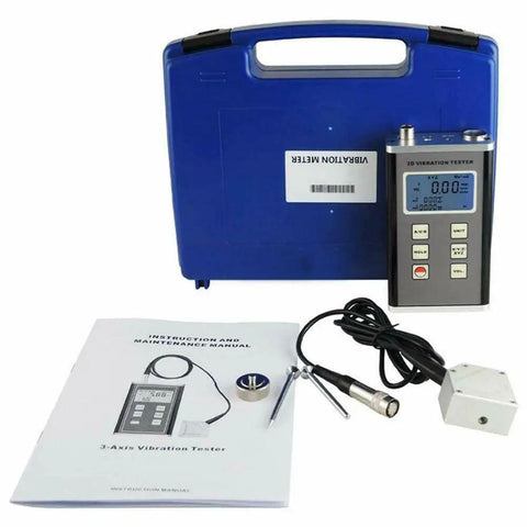 3 Axis Piezoelectric Accelerometer Vibration Meter With 3D Velocity Vibrometer Gauge, Data Logger, And 10 Hz To 10 kHz Range, ISO 2954 Compliant Pro Grade Diagnostic Gear For Rotating Machinery, Detects Misalignment And Out Of Balance, blue case