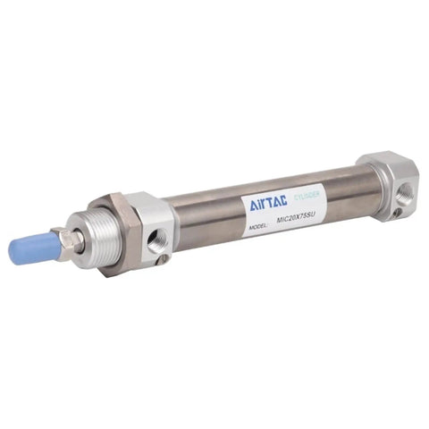 Pro Grade Stainless Steel Air Pneumatic Actuator Mini Cylinder with blue end cap, 20mm diameter, compact for demanding jobs.