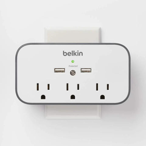 On-Wall Surge Protector Mount With Three Outlets And Two USB Ports, Handy Charging Station For Phone And Tablet