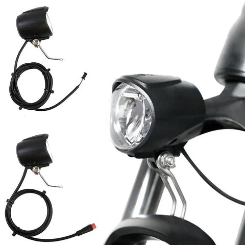 Bright E-Bike Front LED Headlight With 5W Power For Super Visibility And Safety On All Bikes Featuring Waterproof Design That Works Smoothly Across Wide Voltage Range From 6V Up To 60V Without Flickering Or Damage. Black waterproof 5W bike front LED headlight with wired mount and connectors