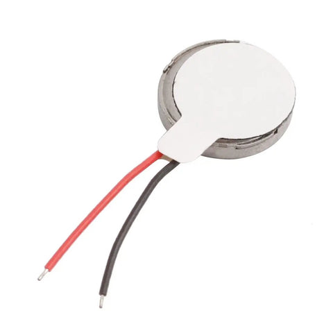 3V DC Coin Vibration Motor 12000 RPM Flat Micro Shaker For Mobile Phones And Weekend Creators in steel with red and black leads.